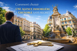 Agence immobilière à Grenoble devant la fontaine emblématique en centre-ville