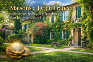 Maison à 1 euro en France avec façade ancienne et jardin verdoyant, illustration d’un investissement immobilier à petit prix