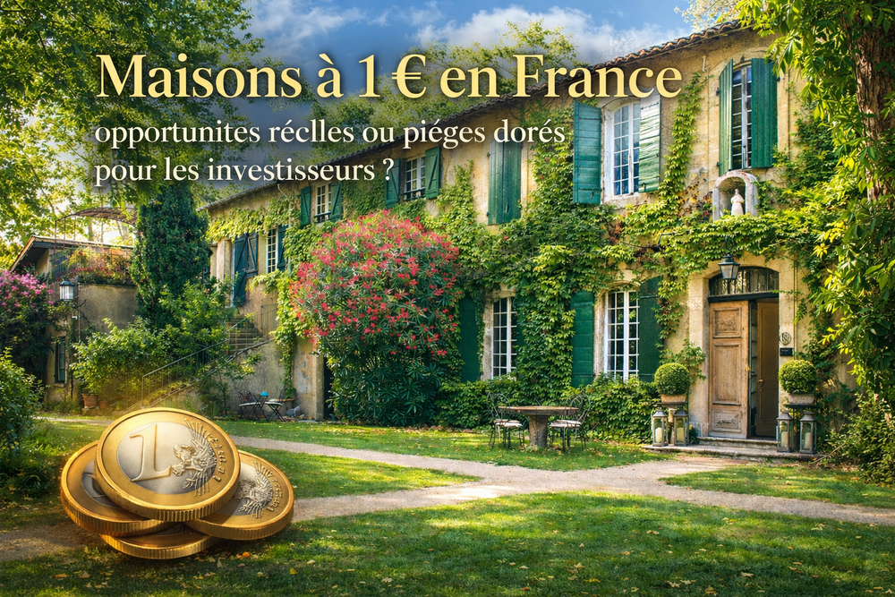 Maison à 1 euro en France avec façade ancienne et jardin verdoyant, illustration d’un investissement immobilier à petit prix