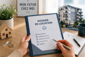Dossier de location d'appartement complet avec justificatifs, clés et résidence en arrière-plan, prêt à être présenté à un propriétaire.