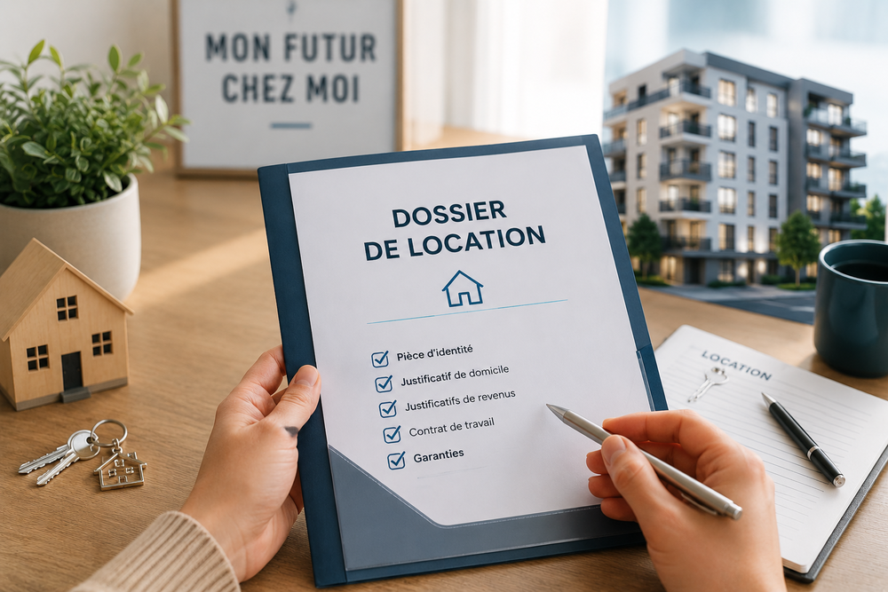 Dossier de location d'appartement complet avec justificatifs, clés et résidence en arrière-plan, prêt à être présenté à un propriétaire.