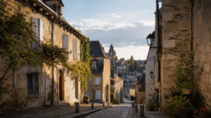 Ruelle pavée en pierre du centre historique de Brive-la-Gaillarde au coucher du soleil